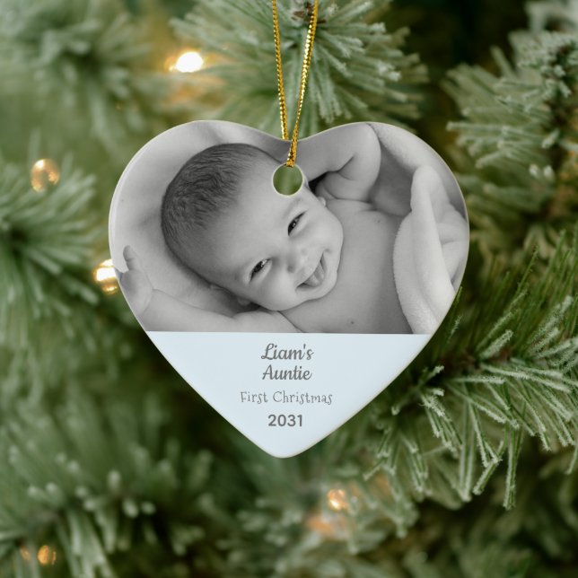 Auntie 1st Christmas Personalized Photo Heart Ceramic Ornament (Tree)