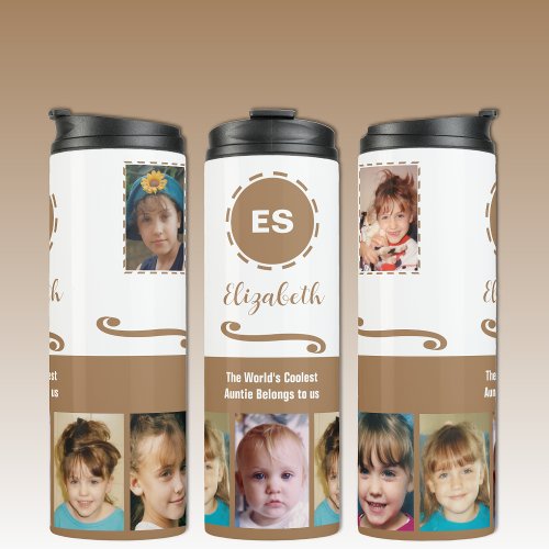 Auntie add a name photo collage white brown thermal tumbler