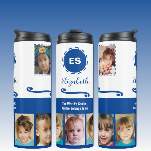 Auntie add a name photo collage white deep blue thermal tumbler