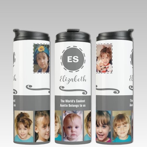 Auntie add a name photo collage white grey thermal tumbler