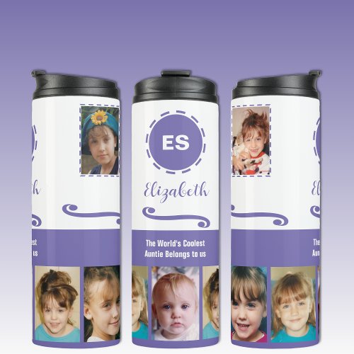Auntie add a name photo collage white purple thermal tumbler