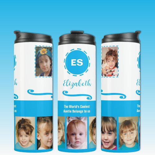 Auntie add a name photo collage white sky blue thermal tumbler