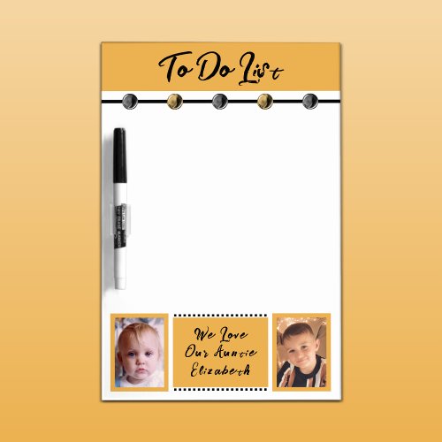 Auntie add name and photos to do list black orange dry erase board