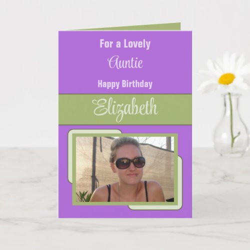 Auntie add name photo purple green birthday card