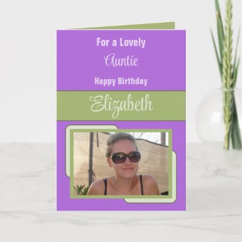 Auntie add name photo purple green birthday card | Zazzle