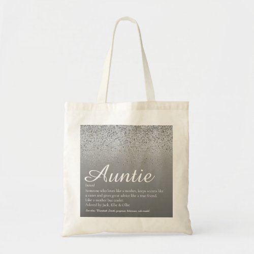 Auntie Aunt Definition Script Silver Glitter Glam Tote Bag
