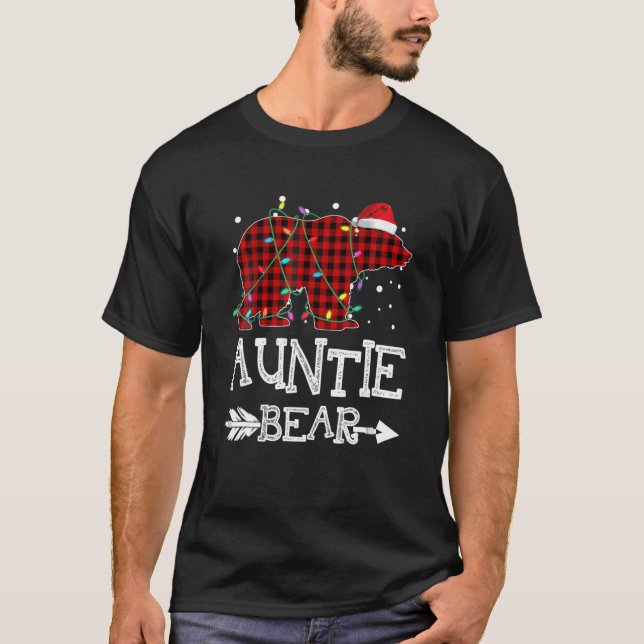 Auntie Bear Christmas Pajama Red Plaid Buffalo Fam T-Shirt (Front)