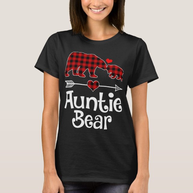 Auntie Bear Christmas Pajama Red Plaid Buffalo Mat T-Shirt (Front)