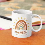 Auntie Custom Name Boho Earth Tone Rainbow Sun Coffee Mug<br><div class="desc">The Custom Name Boho Earth Tone Rainbow Sun Auntie mug is a unique and stylish gift that combines bohemian and earthy elements with a vibrant rainbow sun. In addition to the striking graphic, the mug can also be customized with your own name and message or names of nieces and nephews,...</div>