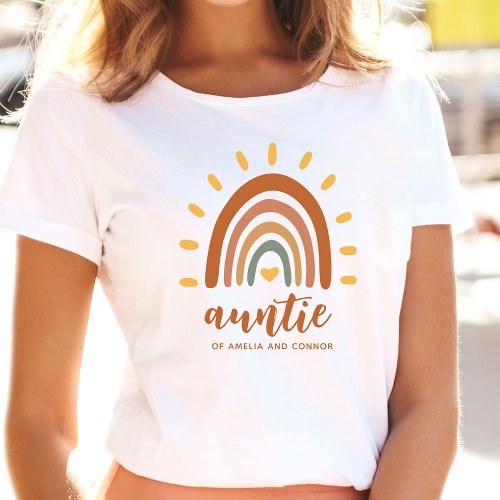 Auntie Custom Name Boho Earth Tone Rainbow Sun T_Shirt