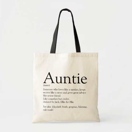 Auntie Definition Quote Black and White Tote Bag