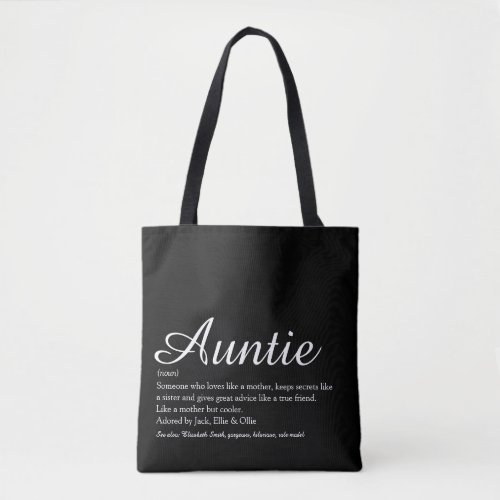 Auntie Definition Quote Script Black and White Tote Bag
