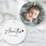 Auntie Est year handwritten script heart photo Keychain<br><div class="desc">Photo keychain featuring the text "Auntie" in a handwritten style script font with a little heart at the end and the year below.</div>