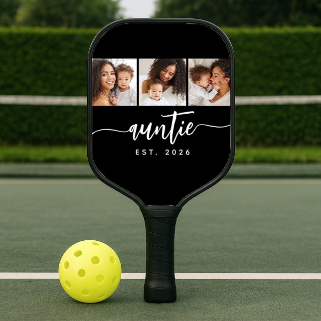 Auntie Established Elegant Script Black 3 Photo Pickleball Paddle (Creator Uploaded)