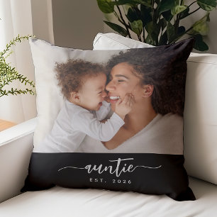 Auntie Established Elegant Script Typography Photo Throw Pillow