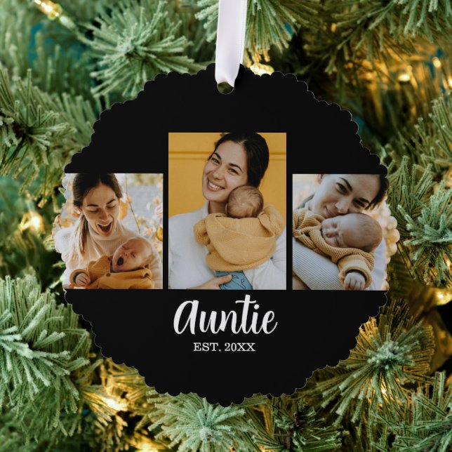 Auntie Established Modern Script Black 3 Photo Ornament Card (Insitu (Tree))