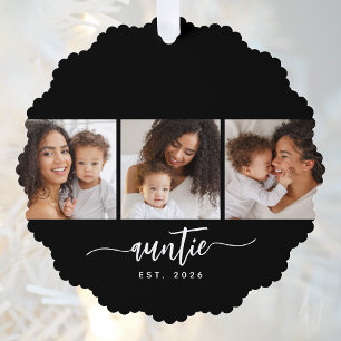 Auntie Established Modern Script Black 3 Photo  Ornament Card