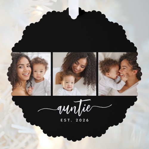 Auntie Established Modern Script Black 3 Photo  Ornament Card