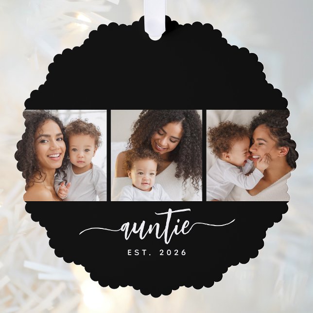 Auntie Established Modern Script Black 3 Photo  Ornament Card (Creator Uploaded)