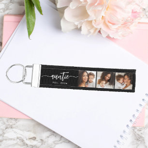 Auntie Established Modern Script Black 3 Photo Wrist Keychain