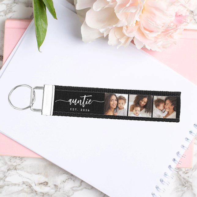 Auntie Established Modern Script Black 3 Photo Wrist Keychain (Creator Uploaded)