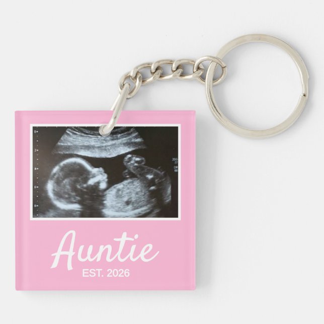 Auntie Established Script Pregnancy Announcement Keychain (Back)