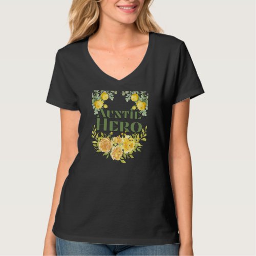Auntie Hero_yellow floral Deep V neck  T_Shirt