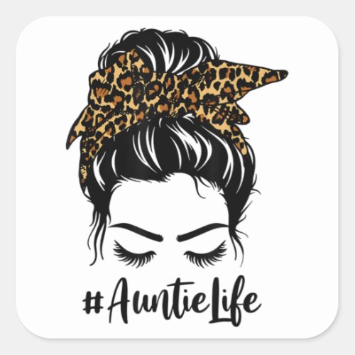 Auntie Life Messy Bun Hair Bandana Leopard Print Square Sticker