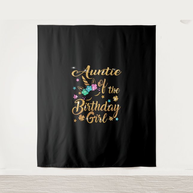 Auntie of The Birthday Girl Unicorn T-Shirt Tapestry (Front)