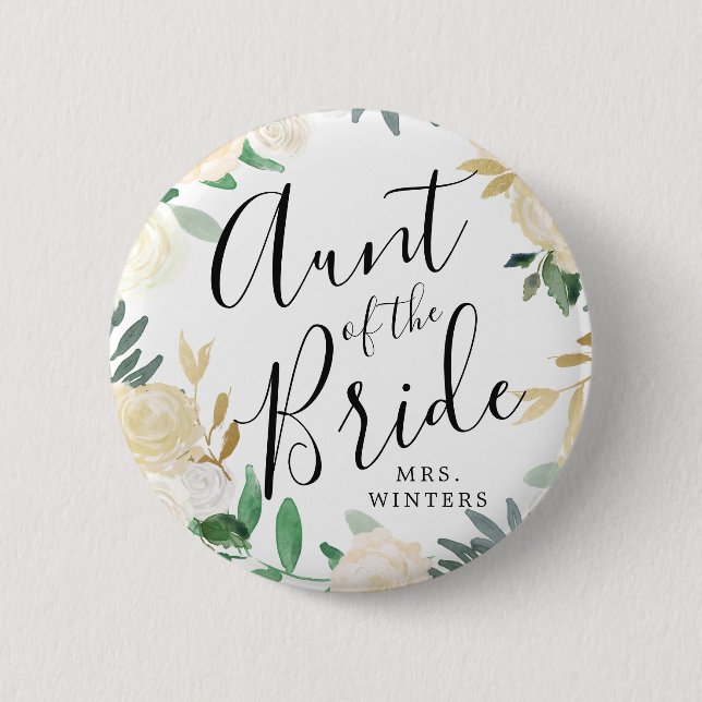 Auntie of the Bride | White Rose Bouquet Wedding Button (Front)