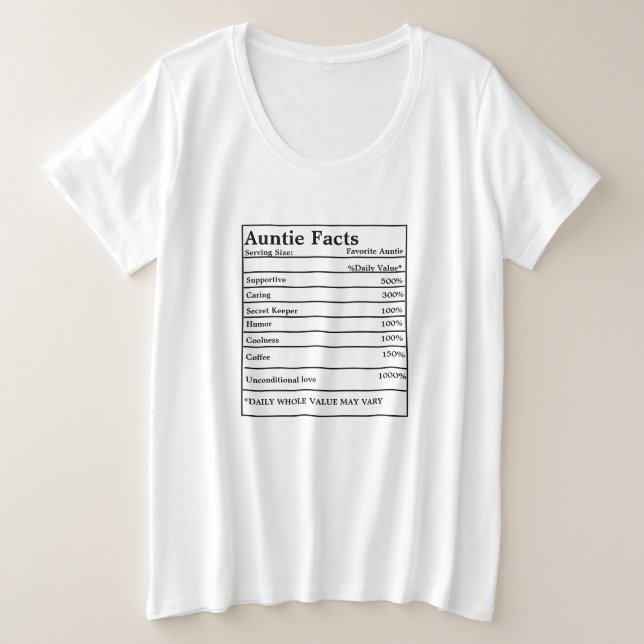 Auntie or Uncle Nutritional Facts Plus Size T-Shirt (Design Front)