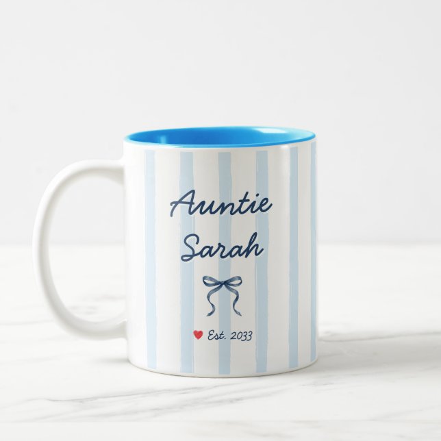 Auntie Personalized Name Blue Stripes Coquette Bow Two-Tone Coffee Mug (Left)
