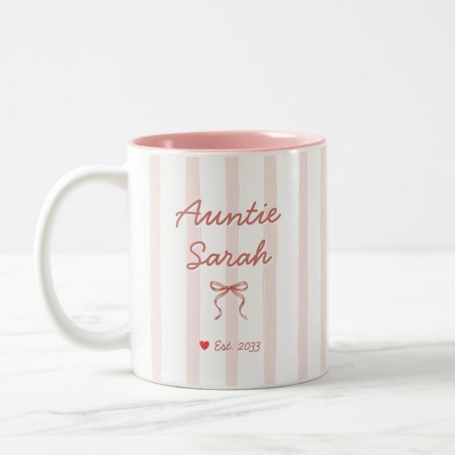 Auntie Personalized Name Pink Stripes Coquette Bow Two-Tone Coffee Mug (Left)