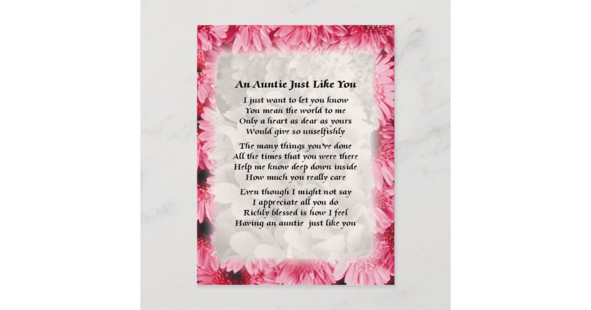 Auntie poem - Pink Floral design Postcard | Zazzle