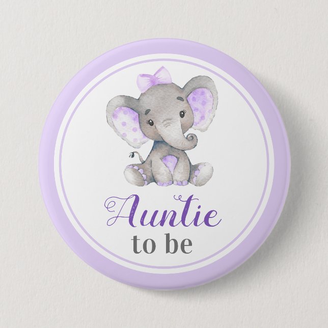 Auntie to be Aunt Purple Baby Girl Shower Elephant Button (Front)