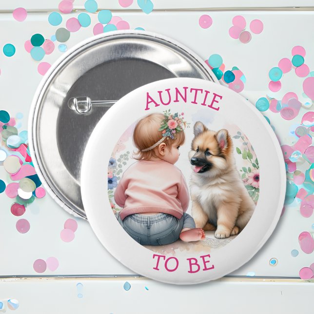 Auntie To Be Baby Girl and Puppy Pink Baby Shower Button (Creator Uploaded)