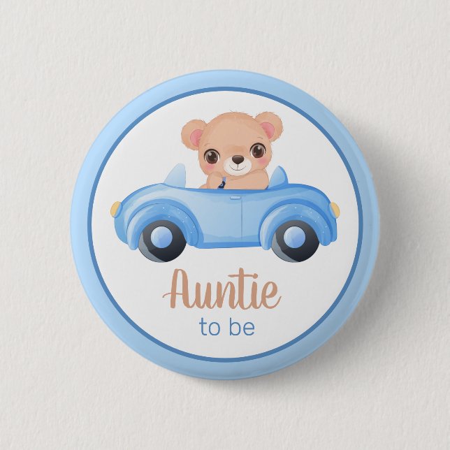Auntie To Be Bear Boy Baby Shower Button (Front)