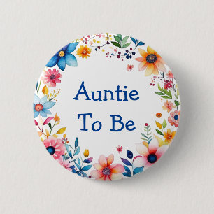 Auntie To Be Floral Pink and Blue Baby Shower Button