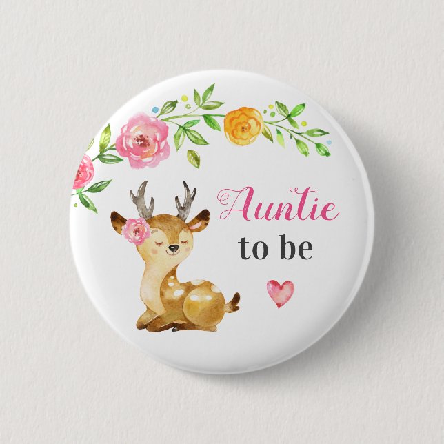 Auntie to be New Aunt Baby Girl Shower Woodland Button (Front)