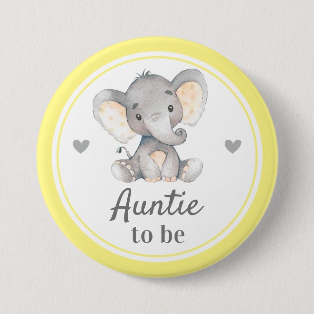 Auntie to be New Aunt Yellow Baby Shower Elephant Button (Front)