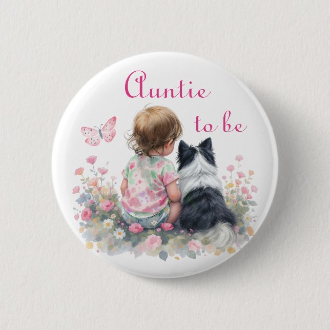 Auntie to be | Pink Baby and Puppy Baby Shower Button (Front)