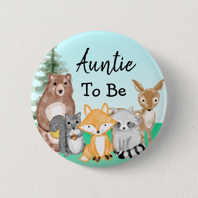 Auntie To Be Woodland Creatures Baby Shower Button (Front)