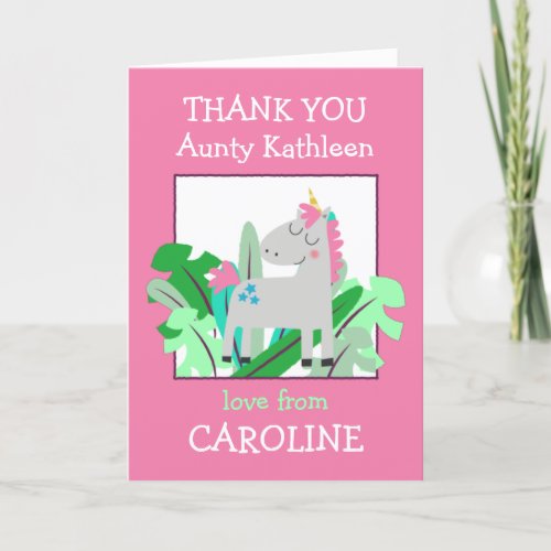 Aunty Name Cute Unicorn Leaves Pink Thank You Card