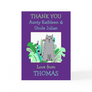 Aunty Uncle Names Cute Cat Leaf Kids Purple Thank You Card