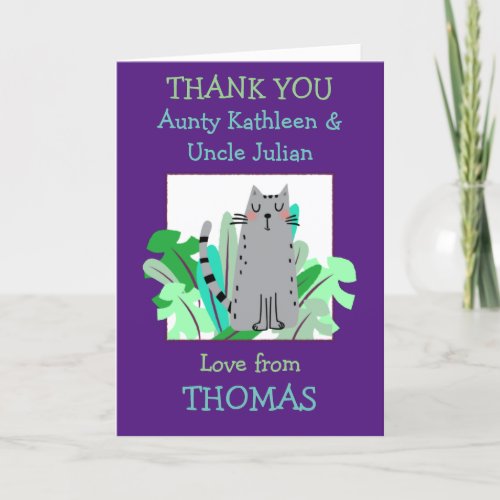 Aunty Uncle Names Cute Cat Leaf Kids Purple Thank You Card