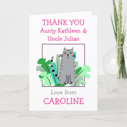 Aunty Uncle Names Cute Cat Leaf Kids White Thank You Card