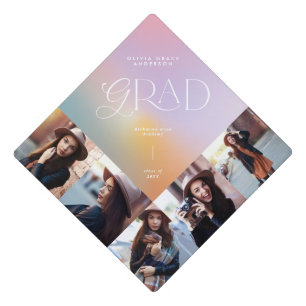 Aura pastel rainbow multi photo typography graduation cap topper