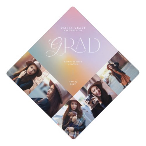 Aura pastel rainbow multi photo typography graduation cap topper
