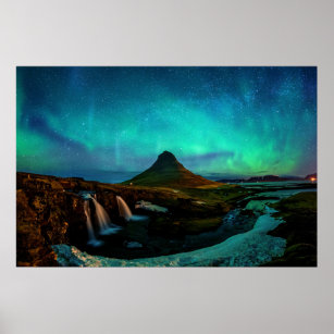 Aurora Borealis At Kirkjufell Mountain In Iceland Poster