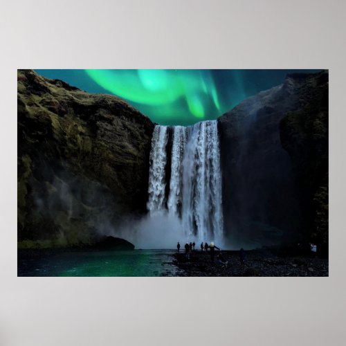 Aurora Borealis At Waterfall Skgafoss Iceland Poster